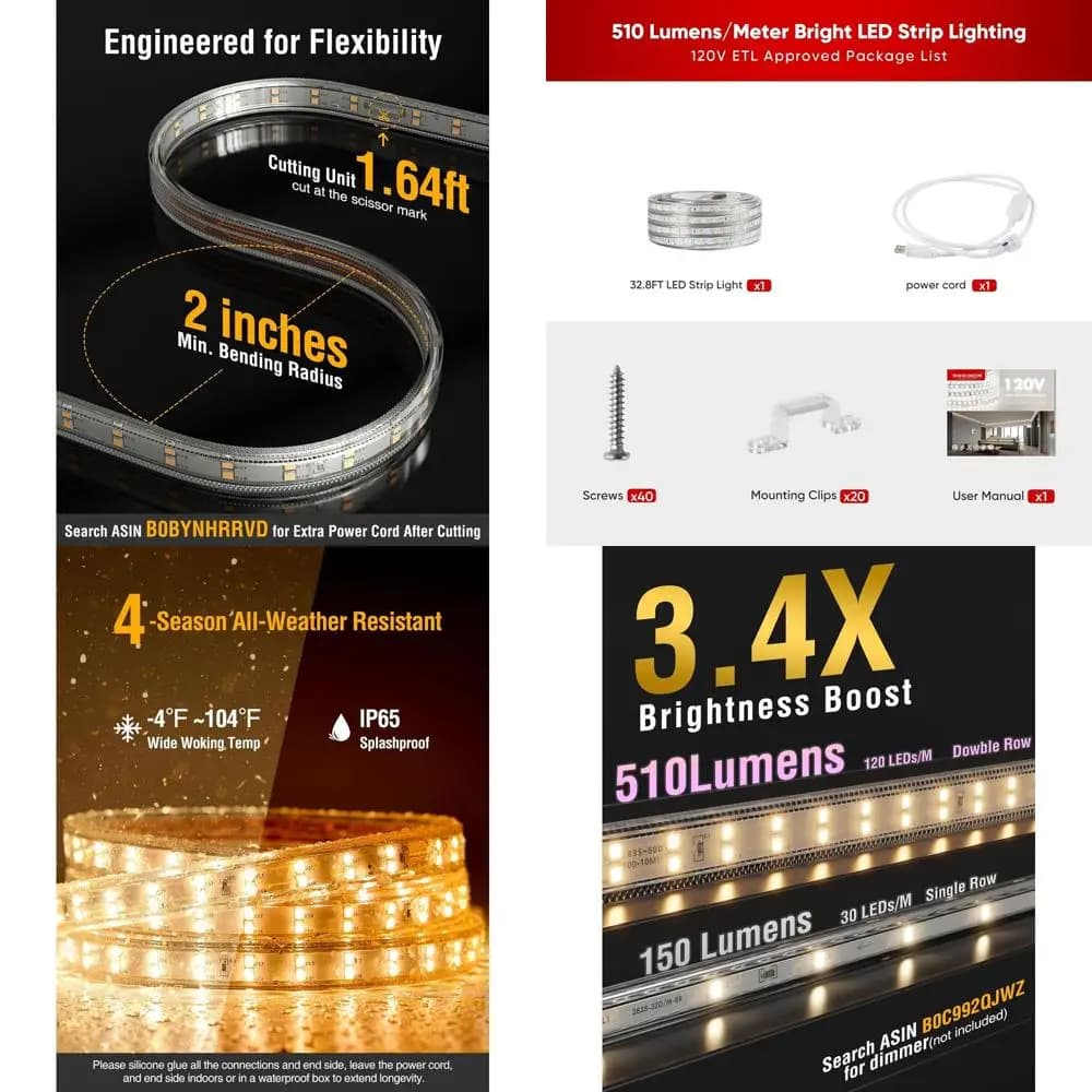 Strisce LED 120V, Luce a Corda a Doppia Fila, Impermeabile IP65 e Resistente alle Intemperie, Bianco Caldo 2800K, 32 LED, 7x17mm