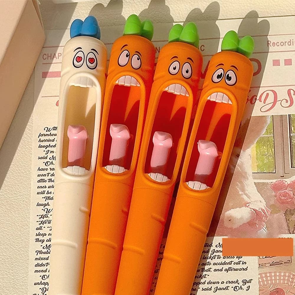 4 pezzi di penne a forma di carota, penne divertenti con punta a lingua, penne neutre, di alta estetica, stile Instagram di nicchia, penne divertenti per studenti