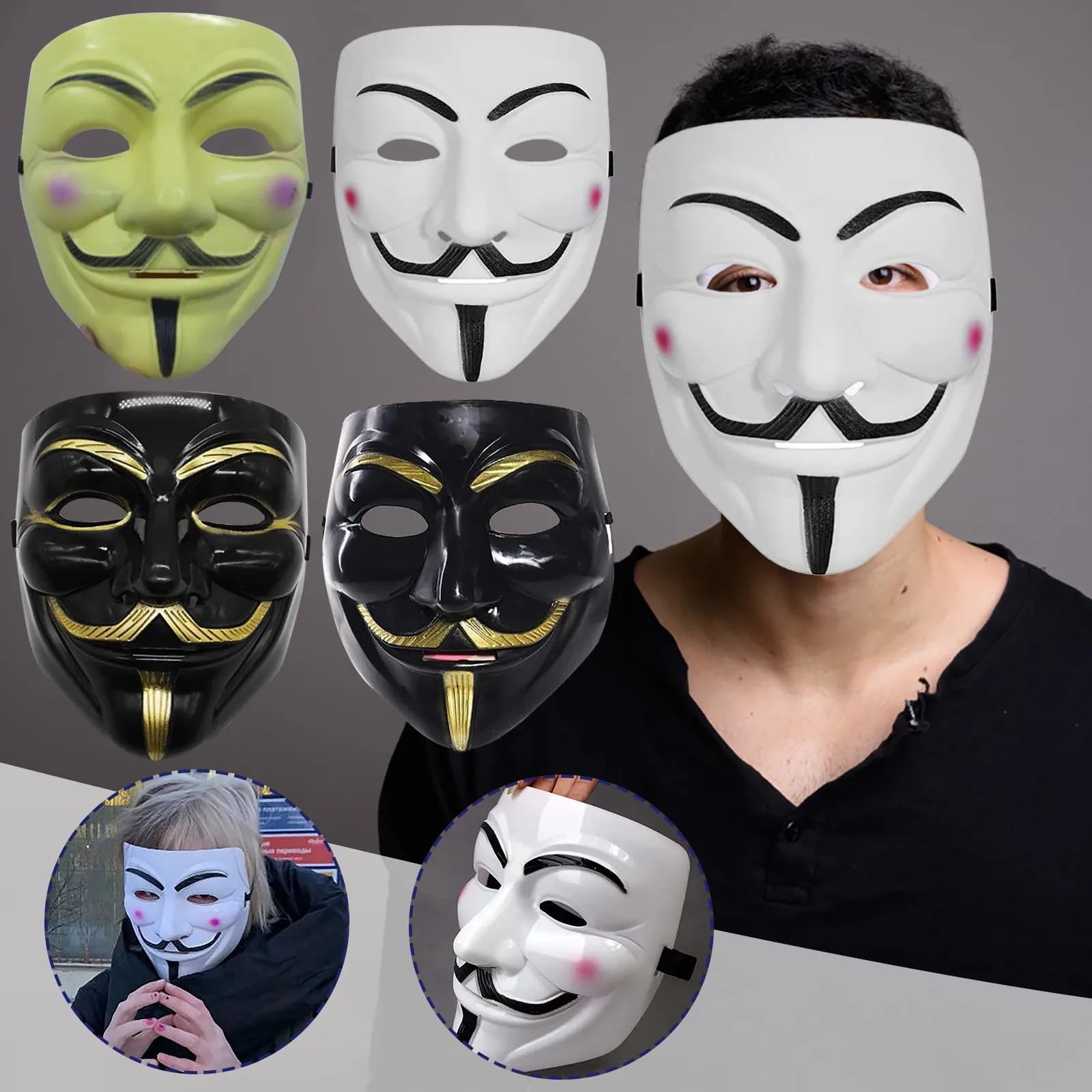 Maschera anonima per travestimento di film Maschere per cosplay per feste di Halloween Oggetti di scena per bambini adulti Maschera a tema cinematografico Forniture per costumi anime