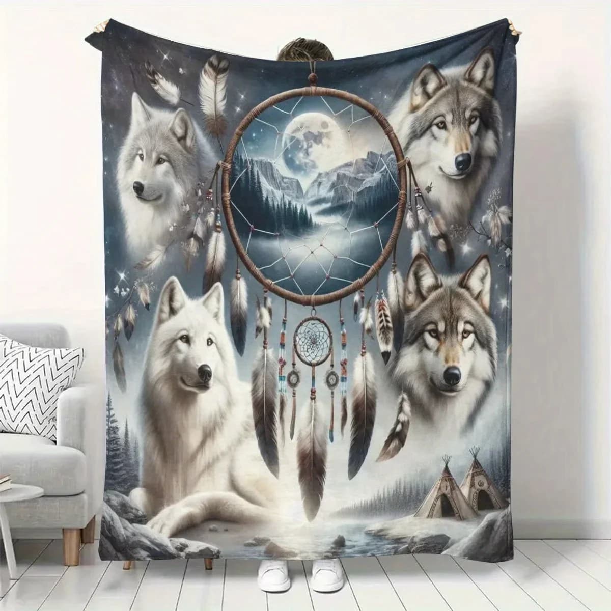 Bohemian Wolf Dreamcatcher Throw Blanket Cozy Mystic Forest Art Fleece Winter Decor Boho Night