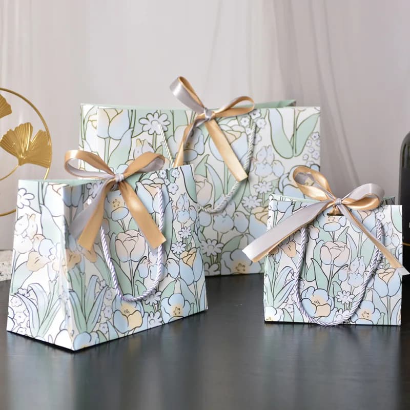 6 sacchetti regalo in carta portatile con stampa tulipano pastello con nastro per festival, matrimoni, souvenir, borsa da imballaggio per negozio di stoffa per la festa degli insegnanti
