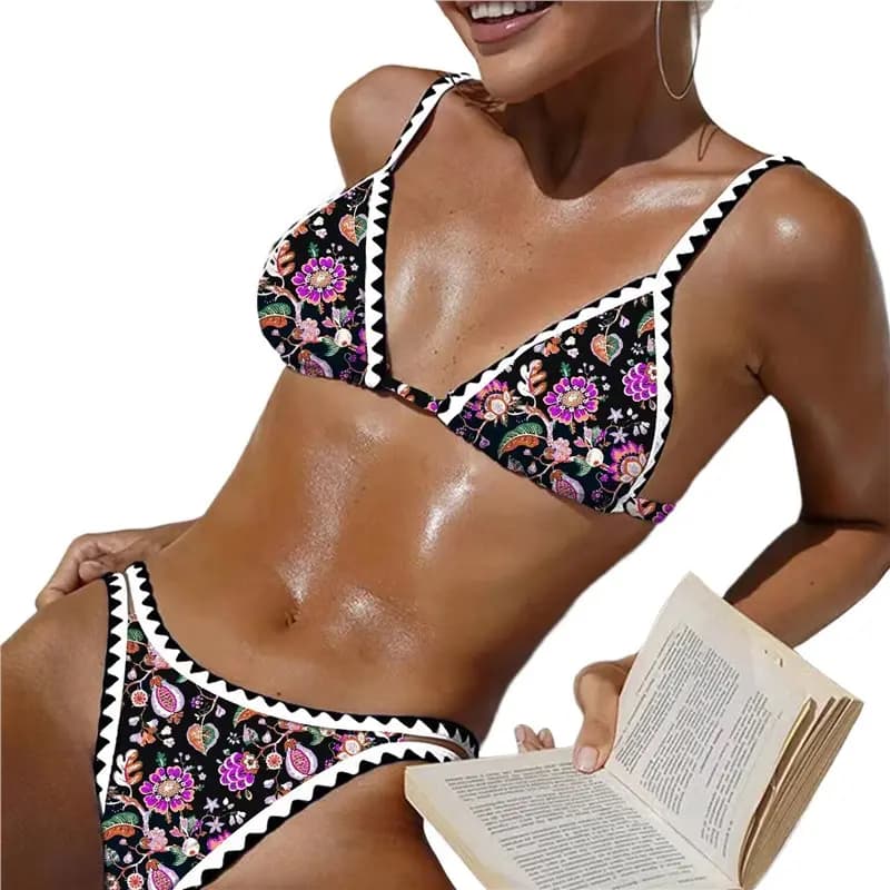 【Festival】Costumi da bagno da donna, micro bikini a perizoma, set due pezzi con stampa floreale, top da bagno a fascia color block