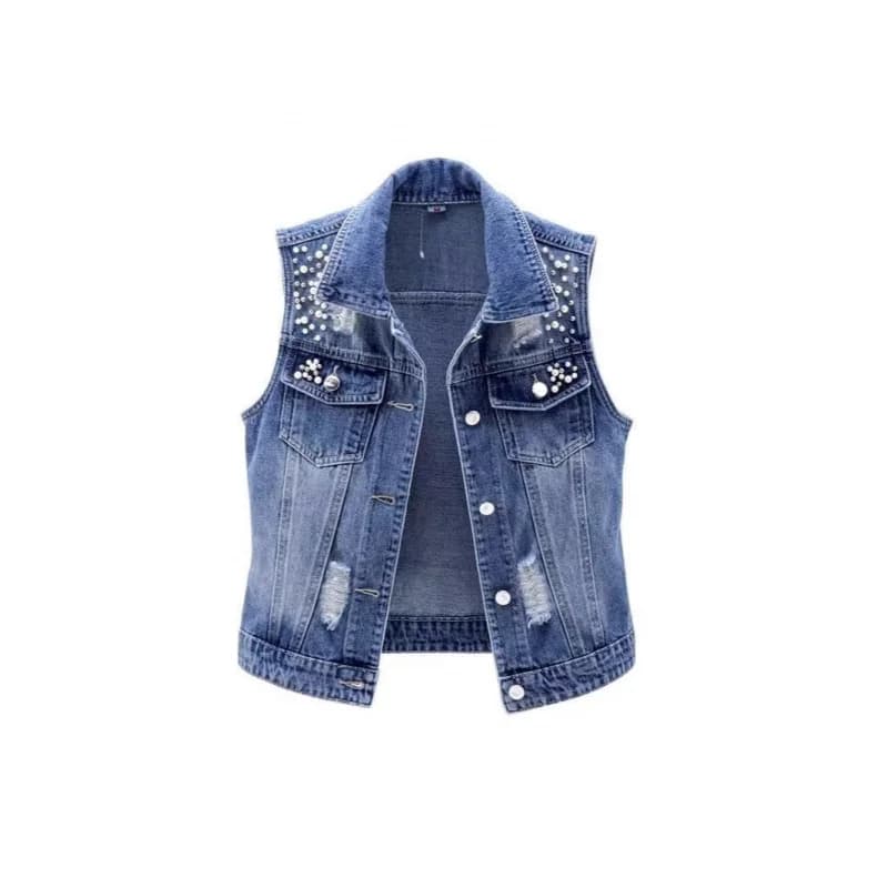 Gilet in denim da donna stile europeo e americano, nuovo modello, lavato, strappato, con perline, giacca senza maniche, top versatile slim-fit