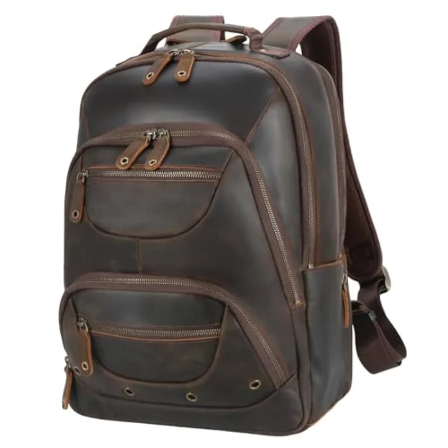 Leather Laptop Travel Backpack for Men Fits 15.6 16 Computer Large Business Work Bag Vintage Overnight Weekender Daypack Campin