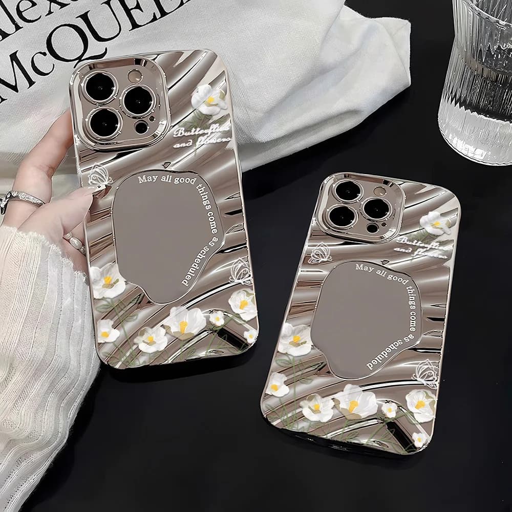 Silver Pattern Mirror Phone Case for Apple iPhone 17 16 15 14 13 12 11 Pro Max Air Cases Luxury Elegant Fresh White Flower Cover