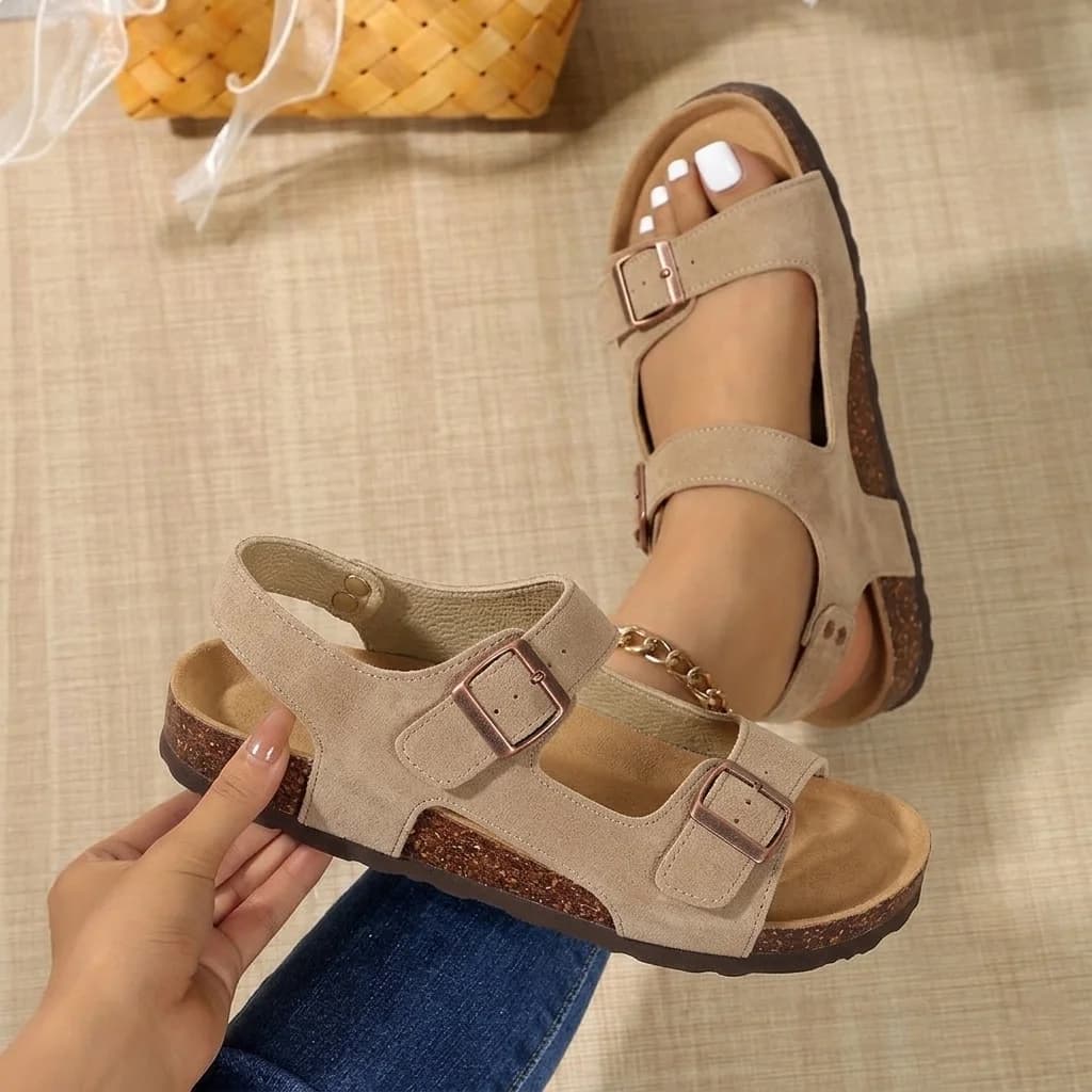 Women's Cork Footbed Sandals Summer Non-slip Suede Clogs Sandals With Adjustable Double Buckle Lady Casual Beach Slipper