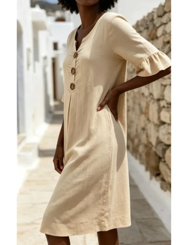 Spring Summer New Style V-neck Button Ruffle Sleeve Dress Women Fashion Elegant White Casual Loose Dresses For Women Robe Femme