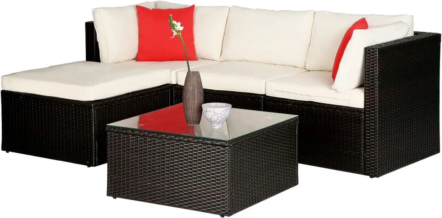 Garden furniture set for outdoors from 5 pieces with wicker sofa, 2 chairs, ottomans and glass table, kaki cushions, red cushions