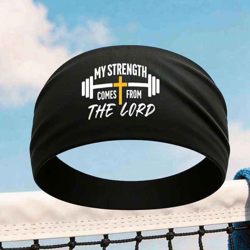 A Headband, with a Cross Dumbbell Print Pattern That Says "My Strength Comes from The Lord", Personalized Sports