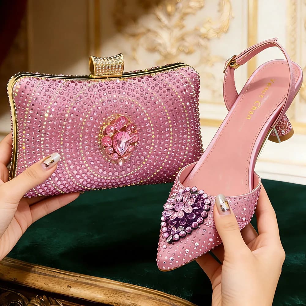 Set Scarpe e Borsa da Donna 2026 di Lusso Italiano con Strass Viola Taro, Tacco Alto a Punta - Perfetto per Feste