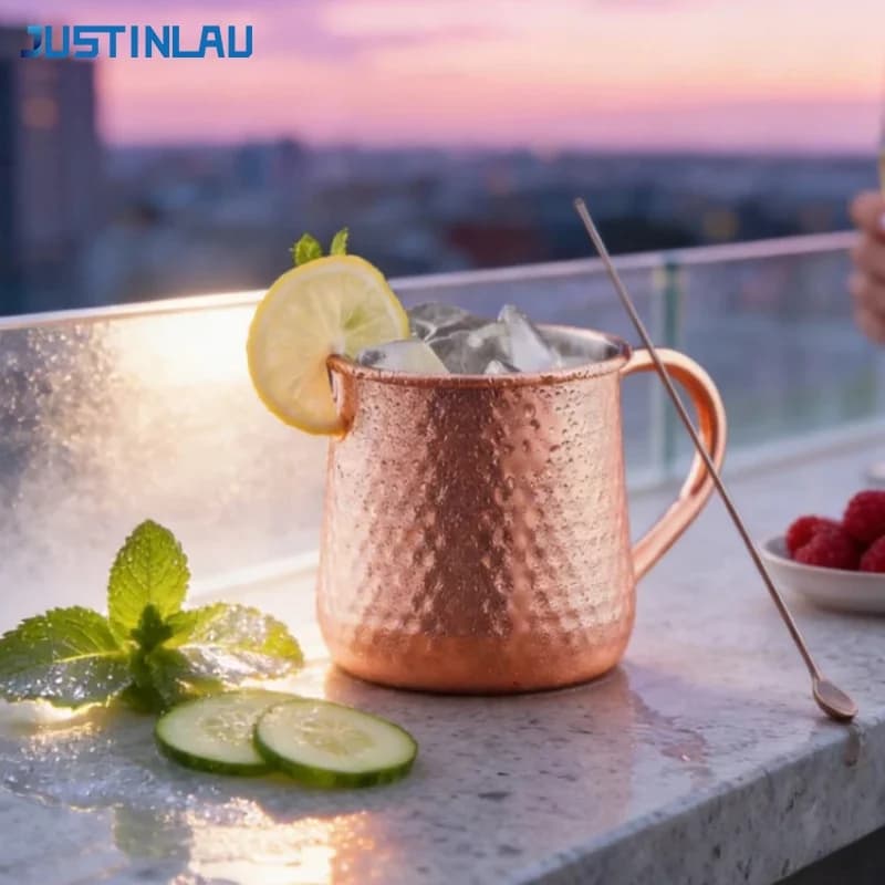 JUSTINLAU Bicchiere da Cocktail 500ML in Acciaio Inox Placcato Rame Martellato Oro Rosa, Tazza per Whisky e Alcolici, Utensile per Casa/Bar