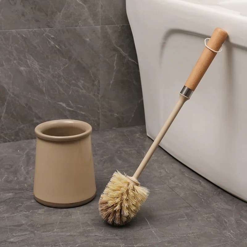 Beech Wood Handle Toilet Brush Set with Ceramic Base Natural Sisal Bristles Household Bathroom Cleaning Tool