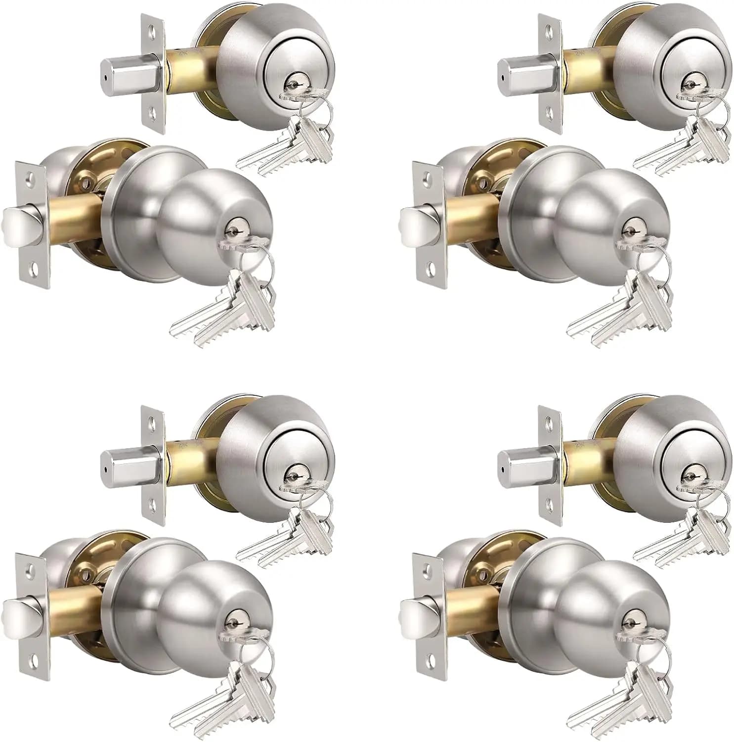 Set di 4 Maniglie per Porta in Acciaio Inox con Serratura, Chiavi Coordinate per Sicurezza, Finitura Nichel Satinato