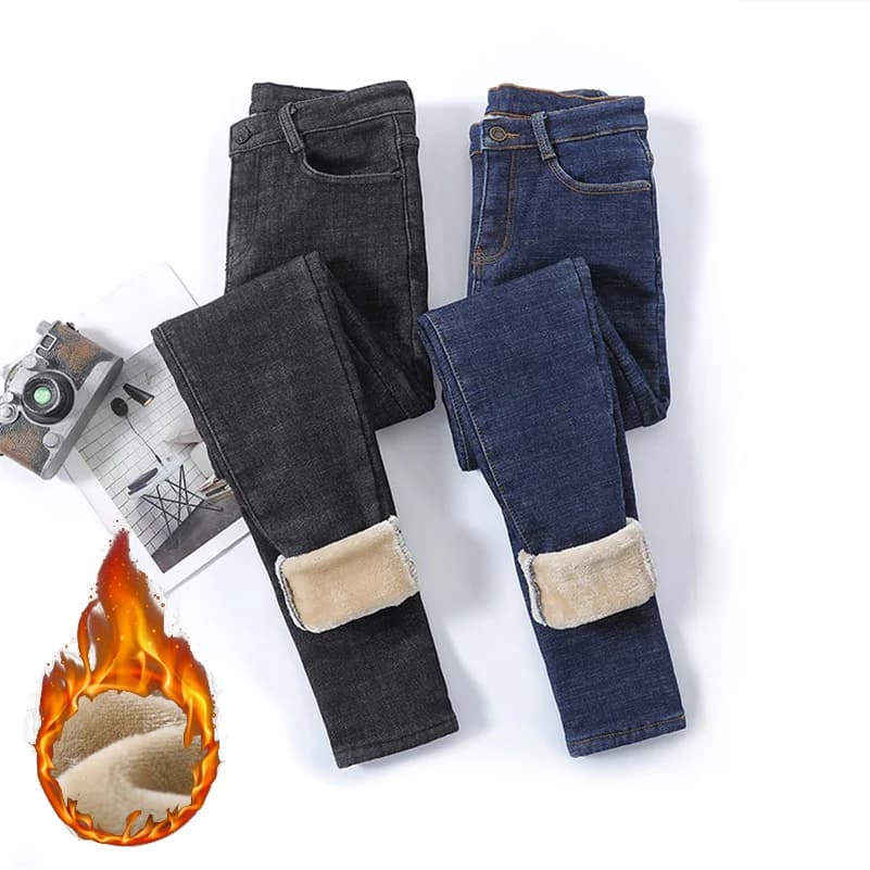 Women Thermal Jeans Girls Winter Snow Warm Plush Stretch Jeans Lady Skinny Thicken Denim Pants Plus Fleece Mom Slim Fit Trousers