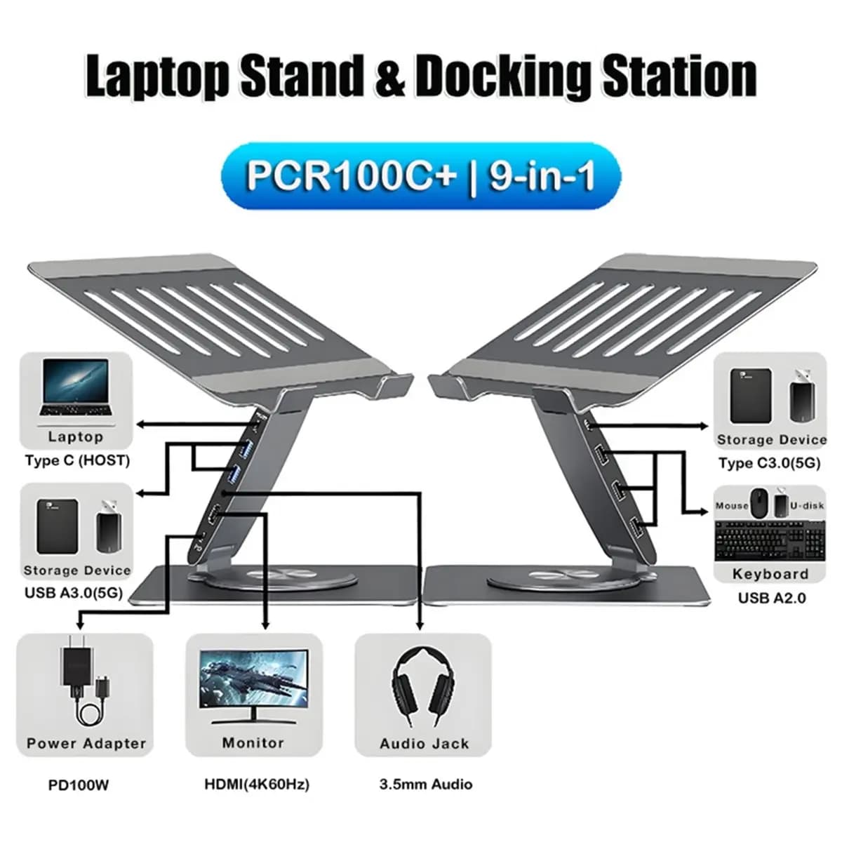 Supporto per laptop da scrivania 9-in-1 Digital Essentials con docking station, 360 ° Rotazione 4K60Hz, 3 USB3.0, Ricarica PD da 100W per PC Portatile