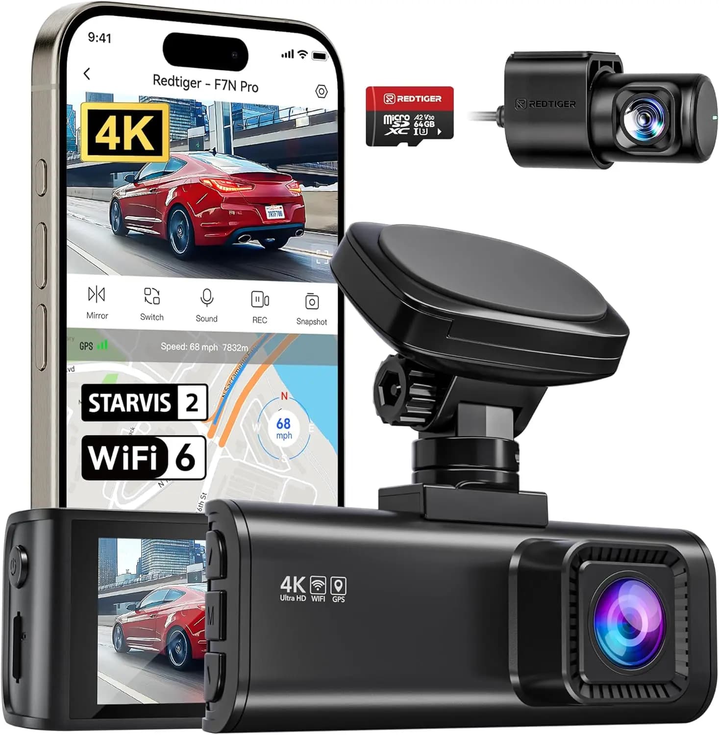 4K+1080P Dual Dash Cam with GPS, WiFi, 64GB Card, STARVIS 2 Night Vision, Parking Monitor