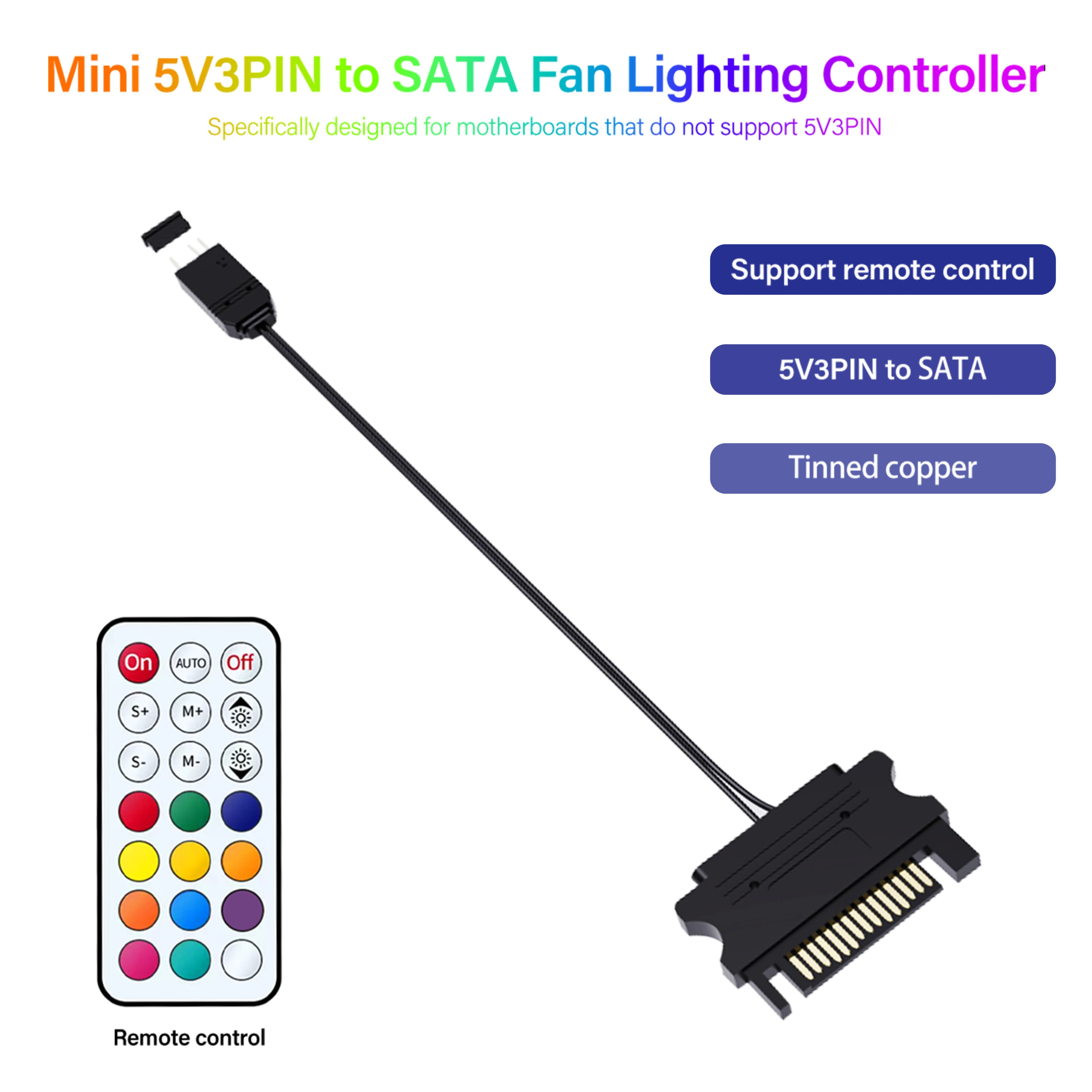 ARGB 5V 3Pin Controller Powered via SATA, Adapter for RGB Fans and Strips LED with RF Remote Control (Included Battery), Modding Case PC accessory