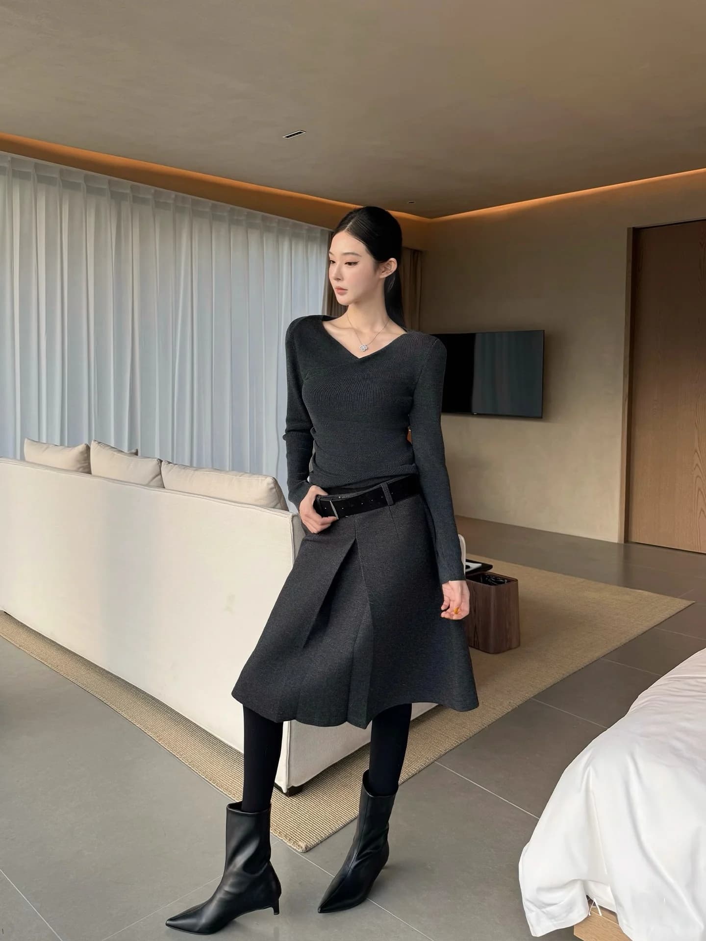 Elegante Gonna a Vita Alta Stile Britannico, Gonna in Lana a Mezza Lunghezza per Donna, Gonne Midi con Cintura per Autunno e Inverno