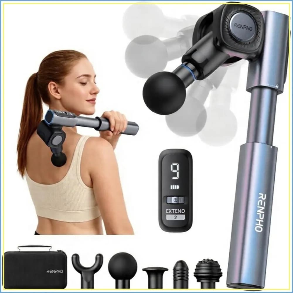 Foldable Massage Gun with Extension Handle, 0-90° Adjustable Angle, Deep Tissue Percussion Massager for Back Pain Relief