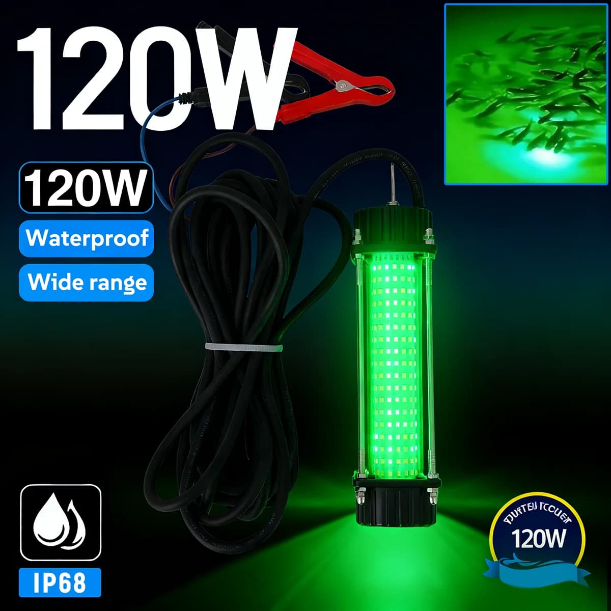 Attrezzatura da pesca specifica notturna bianca verde 12V 120W, luce da pesca notturna impermeabile subacquea ad alta potenza, esca sommergibile