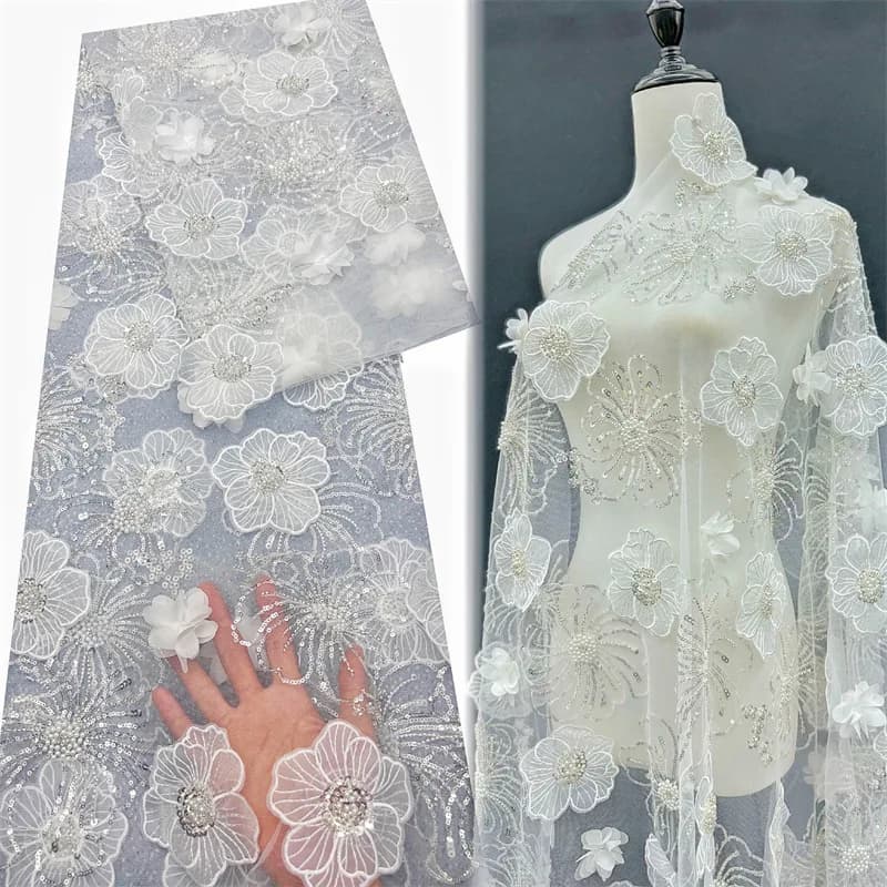 2Yards 130cm Wide Heavy-Duty 3D Floral Embroidered Tulle Fabric Beaded Lace Sequins for Wedding Dresses & Bridal Gowns F078