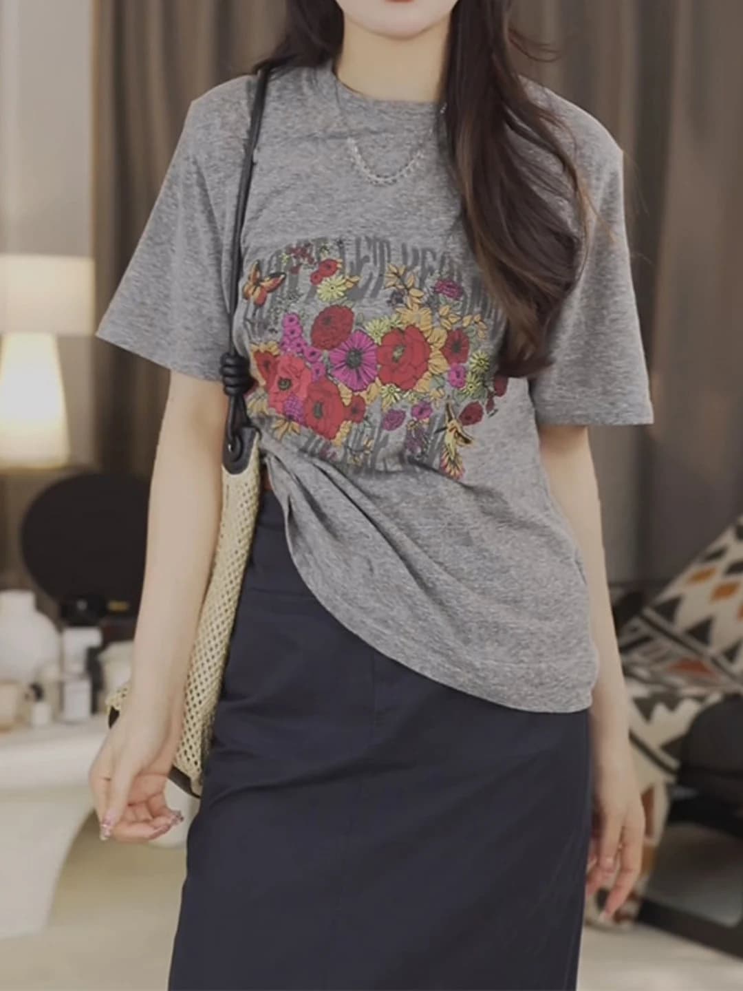 Korean Style Floral Letter Print Pure Cotton Short Sleeve Women's T-shirt Summer Loose Fashionable Top for plus Size Ladies