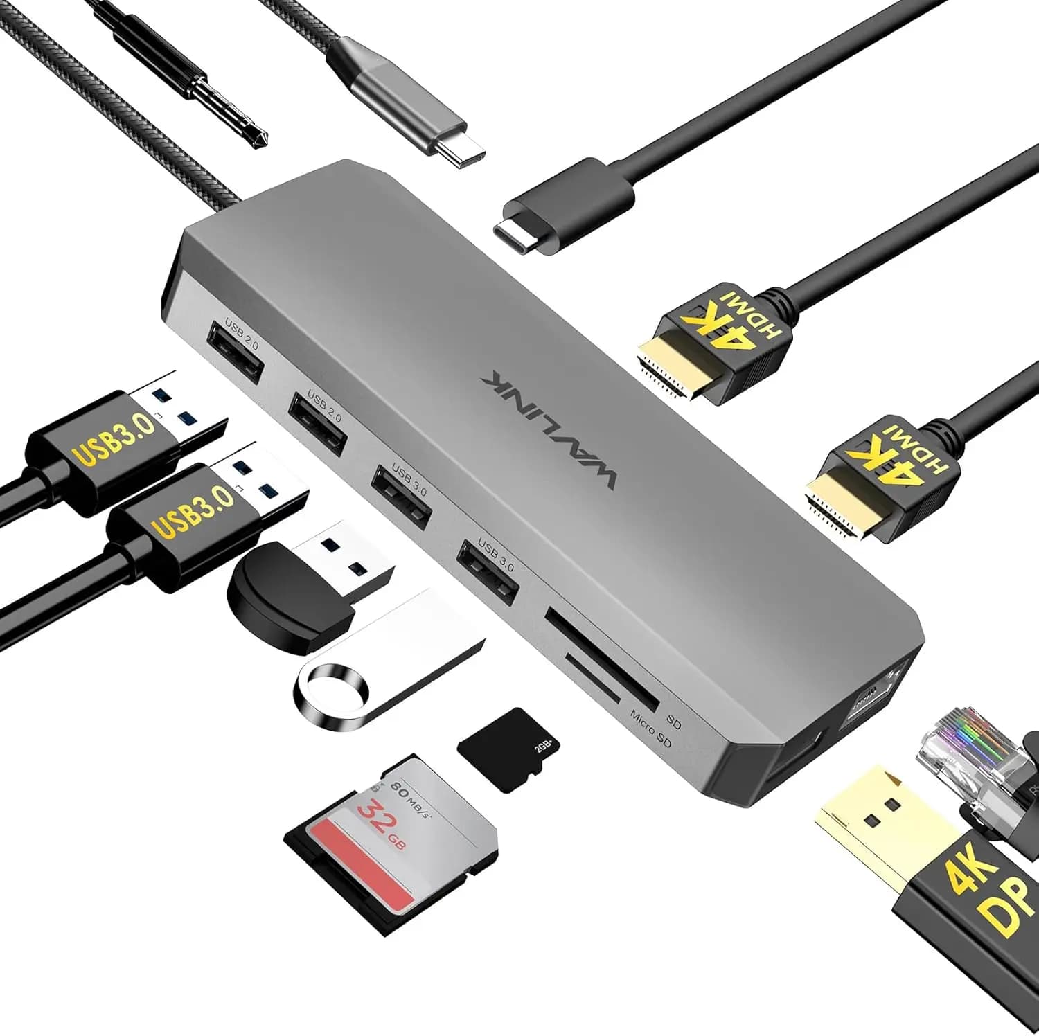 Docking Station USB-C con Doppia Uscita HDMI e DisplayPort, Ricarica PD 100W, Ethernet, 5 Porte USB per Laptop