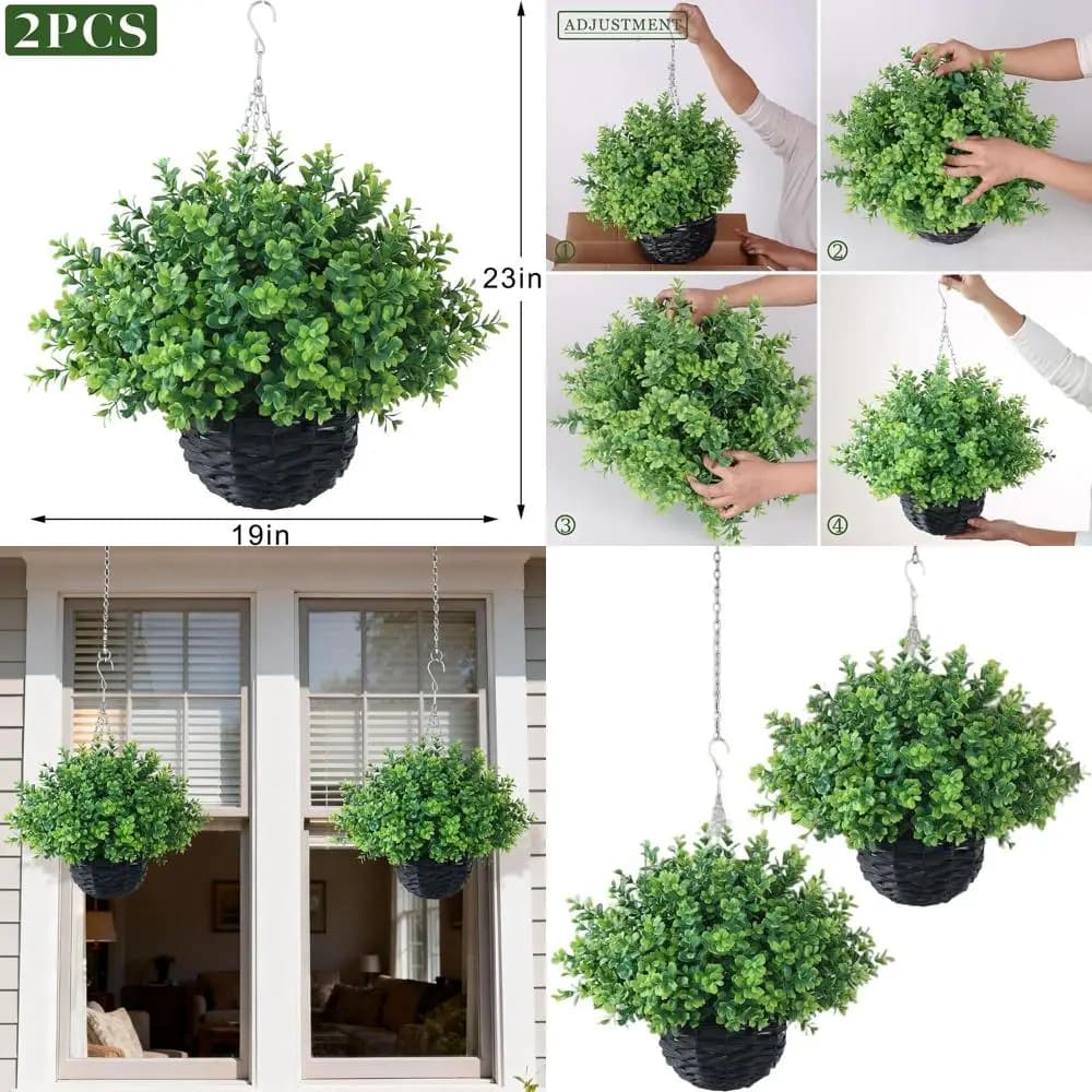 Cesti Appesi in Artificial Bosso UV Resistant - 2 Set of Cesti with Artificial Plants Suitable for Exterior for Porticati, Grondaie and C