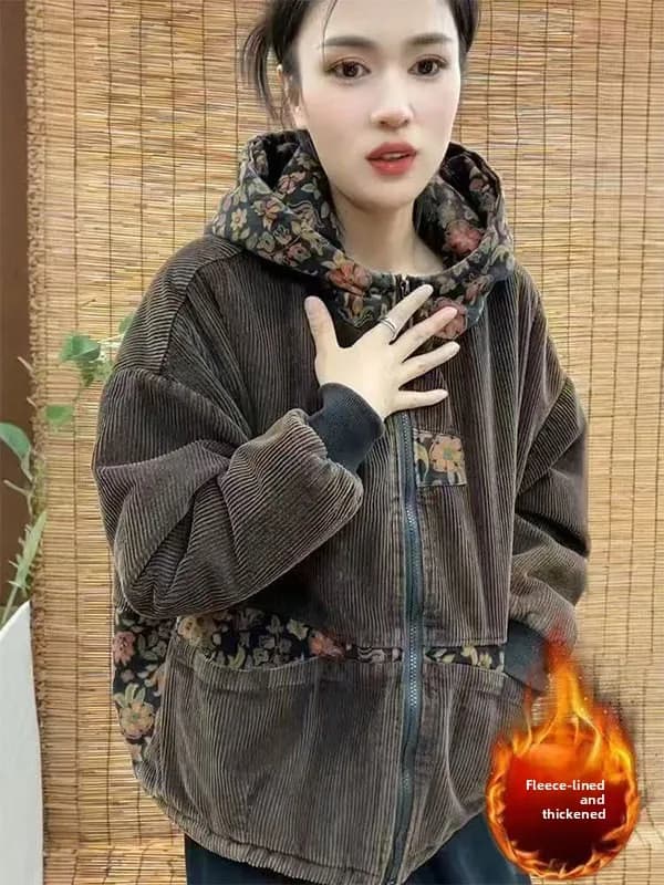 plus Size Hoodie Jacket Women's Thickened Fleece Floral Print Velvet Sweatshirt Outerwear Autumn Winter Casual Streetwear