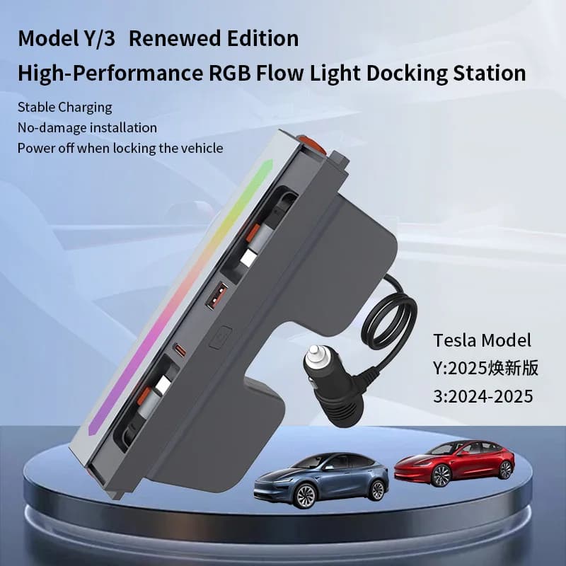 Fast Charger Car Armrest Docking Station for Tesla Model 3 Highland Model Y Juniper,Sliding Dust Cover Music Ambient Light
