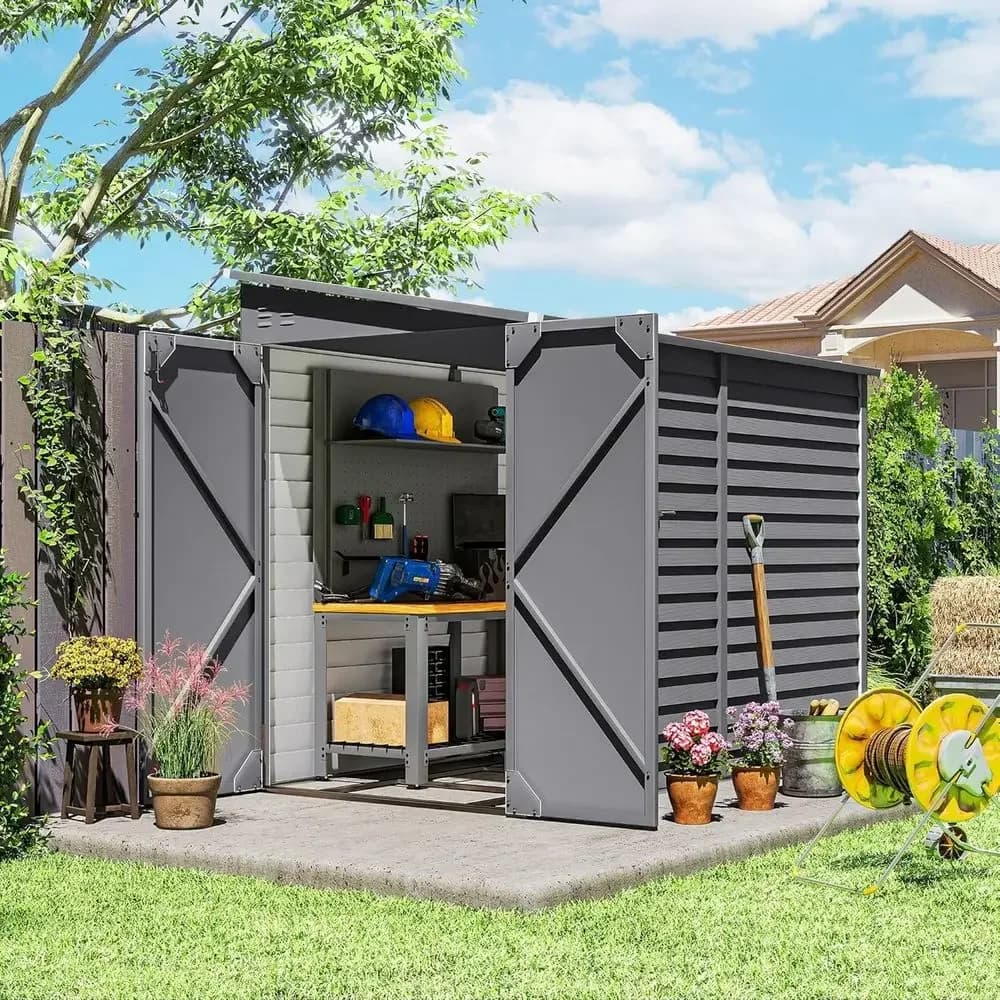 4.6' x 9' grey steel outdoor toolbox with foundation kit, door with lock, gloves and air sockets