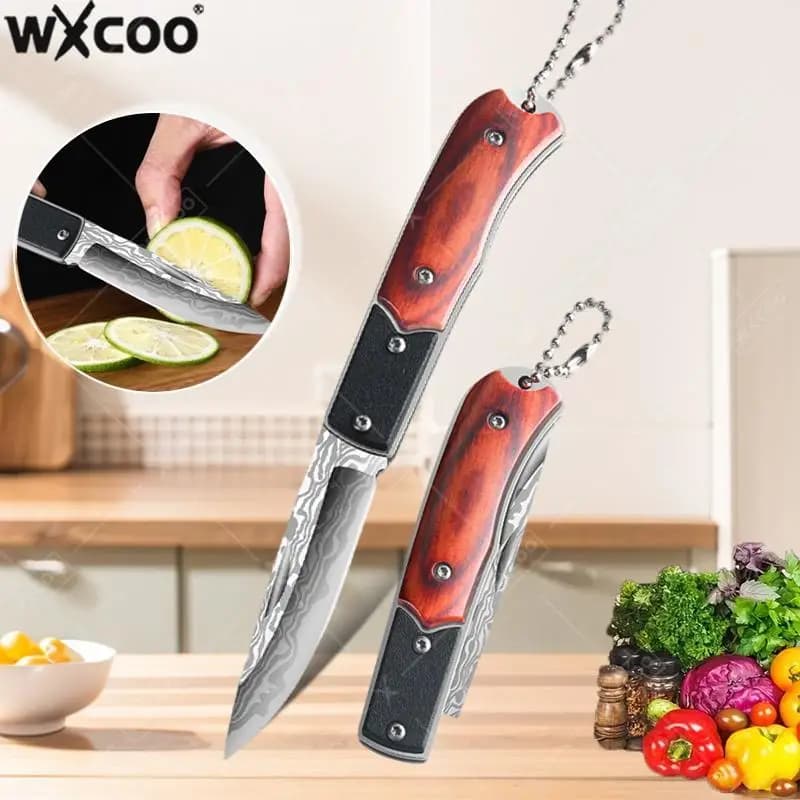 WXCOO Multifunction Folding Knife, for Fruit peeling, with Wood Handle, Kitchen Knife, Meat cutter, Pocket, Stainless Steel, Non-slip