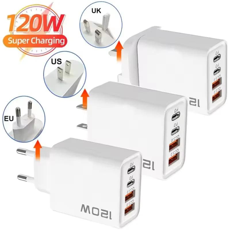 Caricatore USB Type C a ricarica rapida 120W 4 porte PD Quick Charge 3.0 per iPhone Samsung Xiaomi Huawei Adattatore per telefono con spina EU US UK