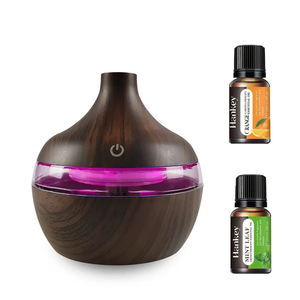 Umidificatore in legno di noce - Diffusore alimentato tramite USB da 300 ml per oli essenziali, design da tavolo elegante con 2 oli iniziali