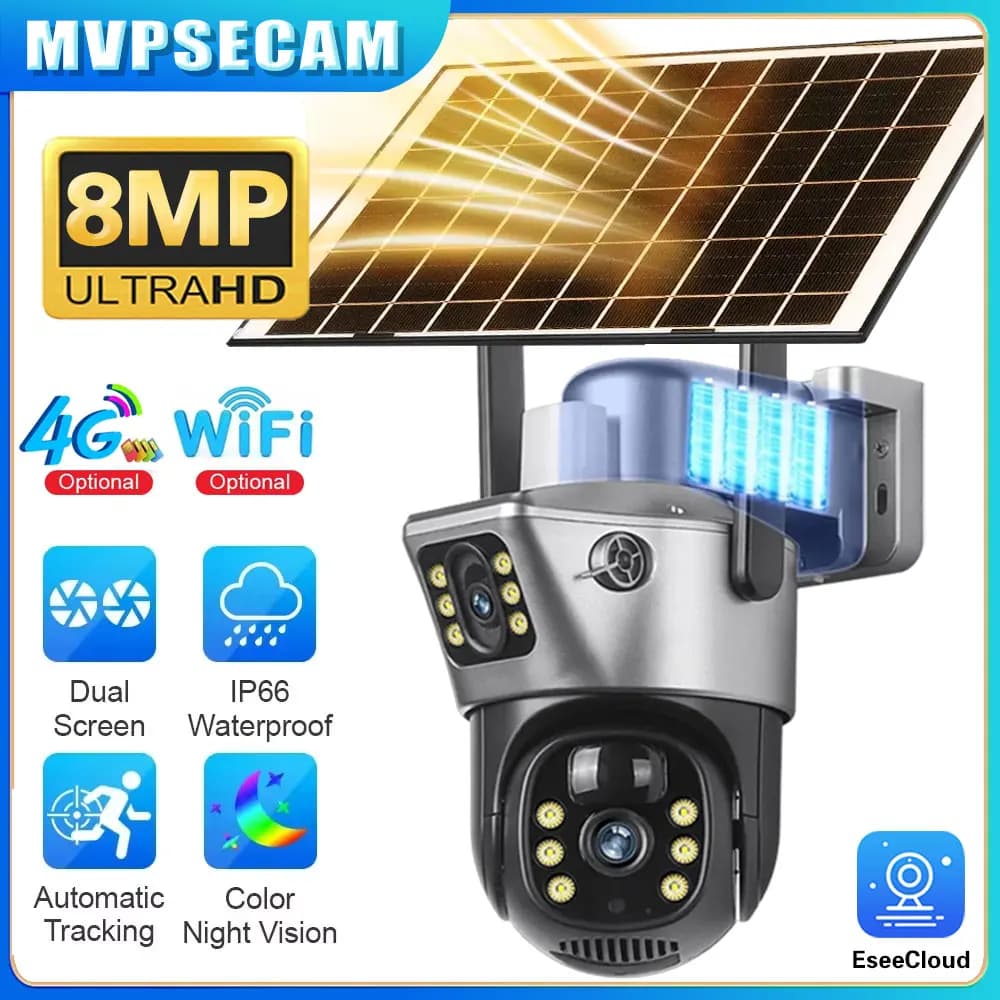 4K 8MP Doppio Schermo Telecamera Solare Esterna Senza Fili 4G/WiFi PTZ Doppia Lente di Protezione di Sicurezza Auto Tracking CCTV Cam 8W Pannello Solare