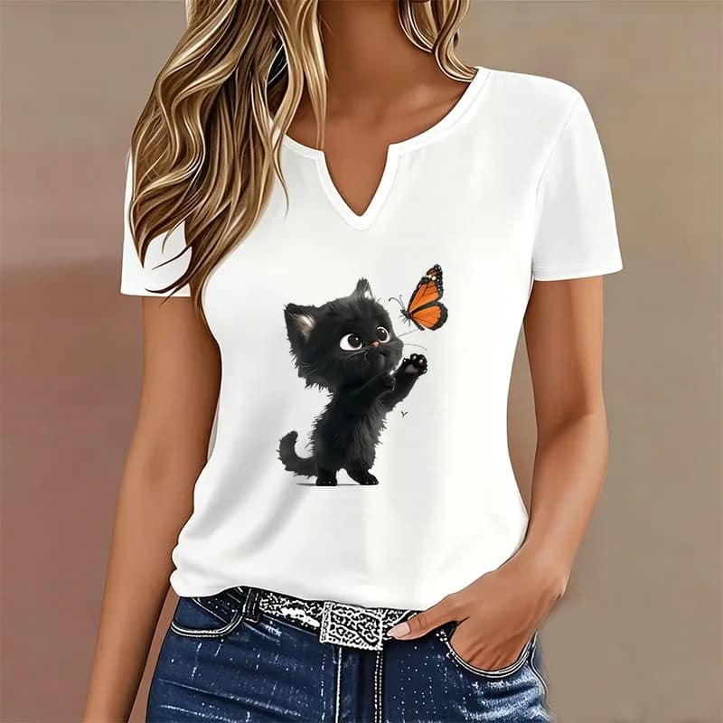 T-shirt divertente da donna con stampa gatto e farfalla, scollo a V, casual, alla moda, a maniche corte