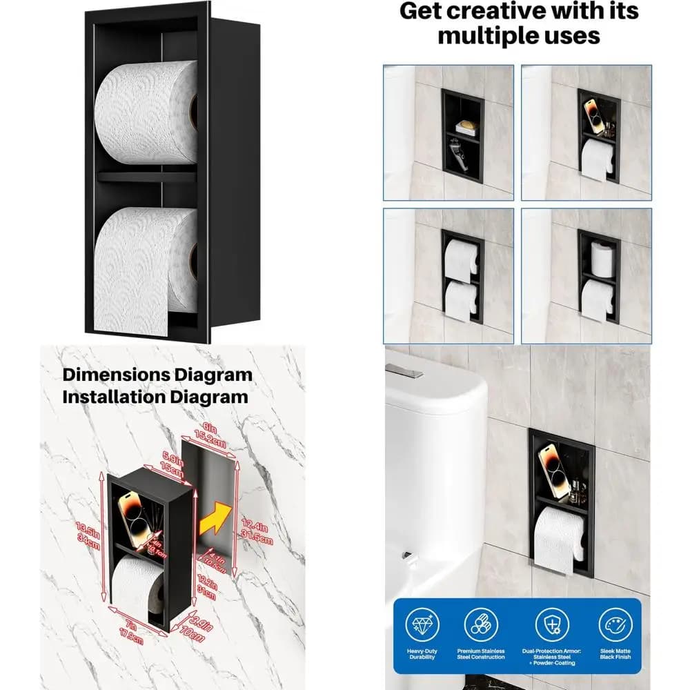 Dispenser di carta igienica da incasso a parete in acciaio inossidabile con ripiano portaoggetti, finitura spazzolata, 15,9 x 7,9 pollici
