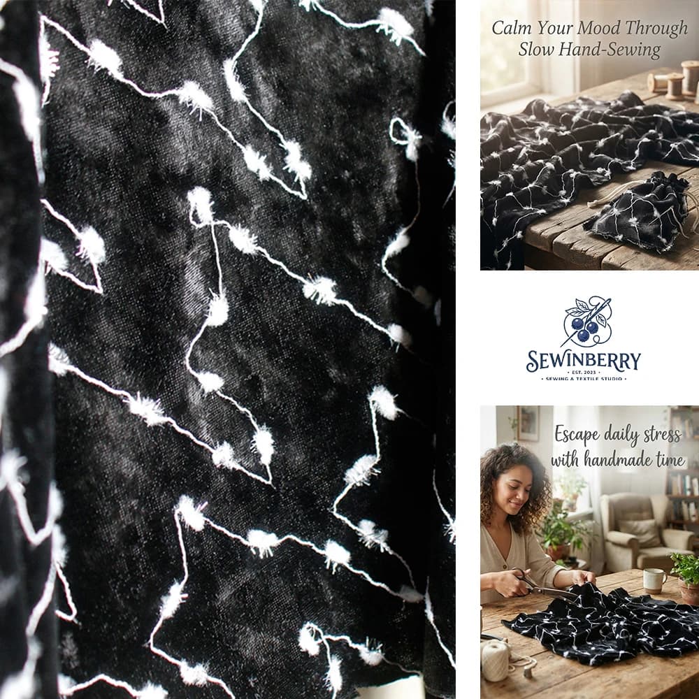 Black Velvet Fabric With White Fluffy Pom Pom Line Embroidery Stress Relief DIY Sewing Material For Dress Curtain Dark Gothic