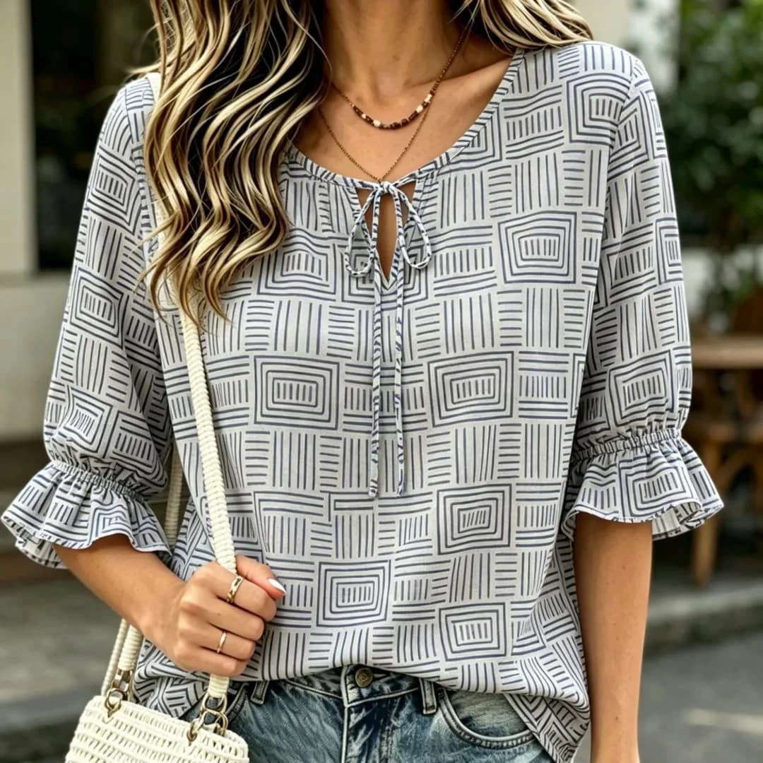 Women's Geometric Print Tie Neck Blouse Ruffle Half Sleeve Casual Loose Fit Summer Top