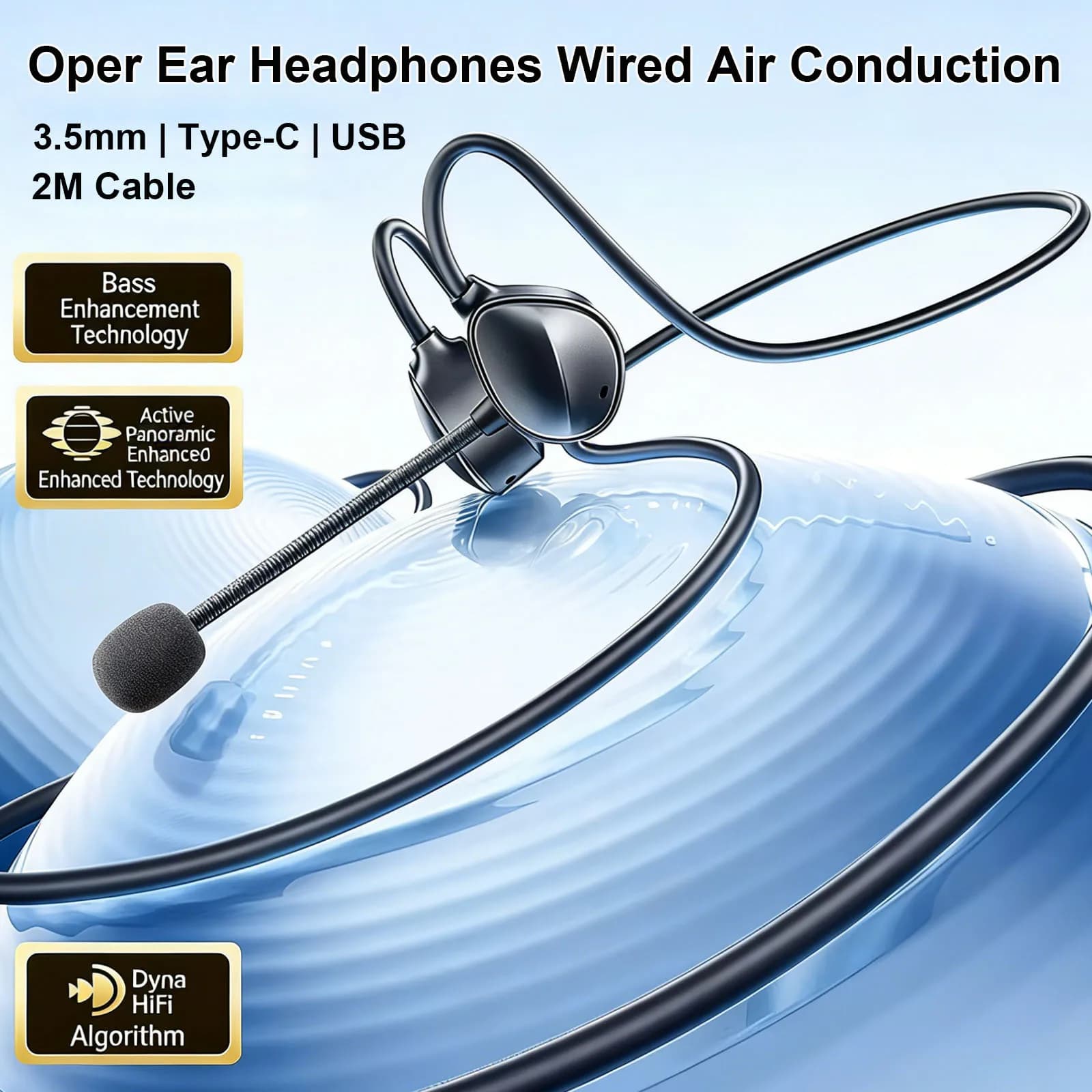 Open Ear Headphones 3.5MM TYPE C Wired Earphone Hifi Sound Music Gaming Headset with Microphone DSP Noise Reduction Earphones
