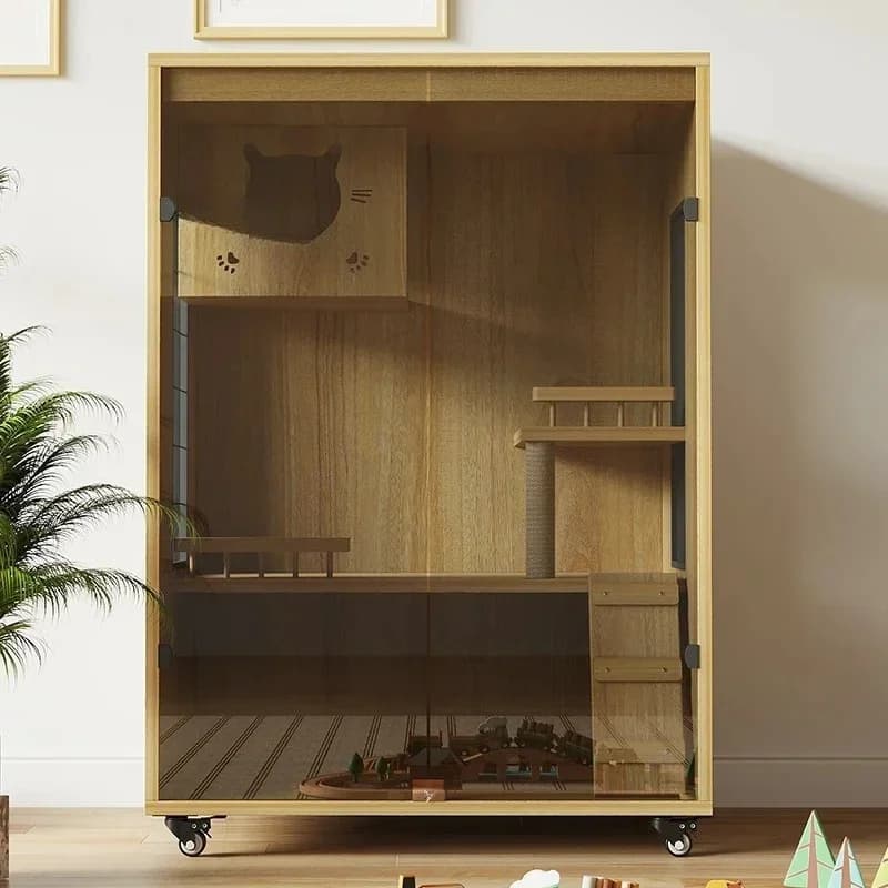 AASolid Wood Home Gabbie per gatti Nido per gattini resistente ai graffi Comoda lettiera per gatti Villa per gatti impermeabile Casa per animali traspirante