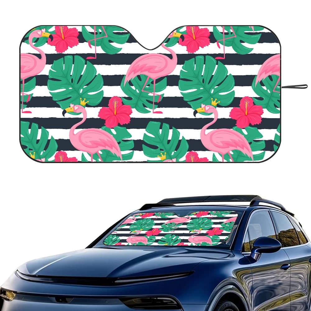 Cabana Stripe Flamingo Parasole per auto Parabrezza Pieghevole Isolamento a tre strati Parasole con ventosa Blocchi Raggi UV Sole