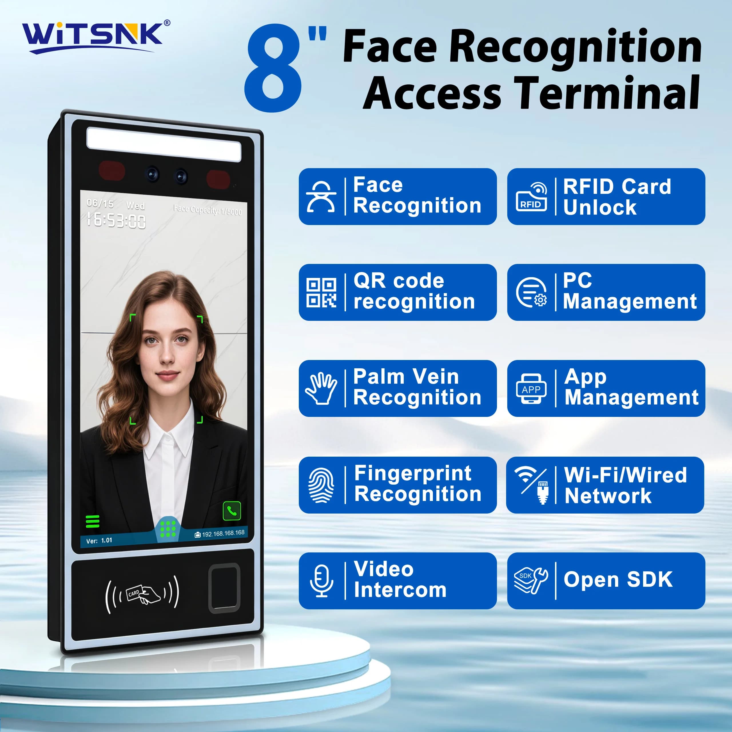 Terminale di controllo accessi e presenze multibiometrico da 8" - Vena di palme con impronte digitali volti, WiFi 4G TCP/IP