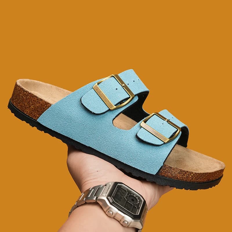 Pantofole da donna in sughero con doppia fibbia regolabili a due cinturini Zoccoli in pelle scamosciata Comfort poggiapiedi Slip On Sandali piatti da donna