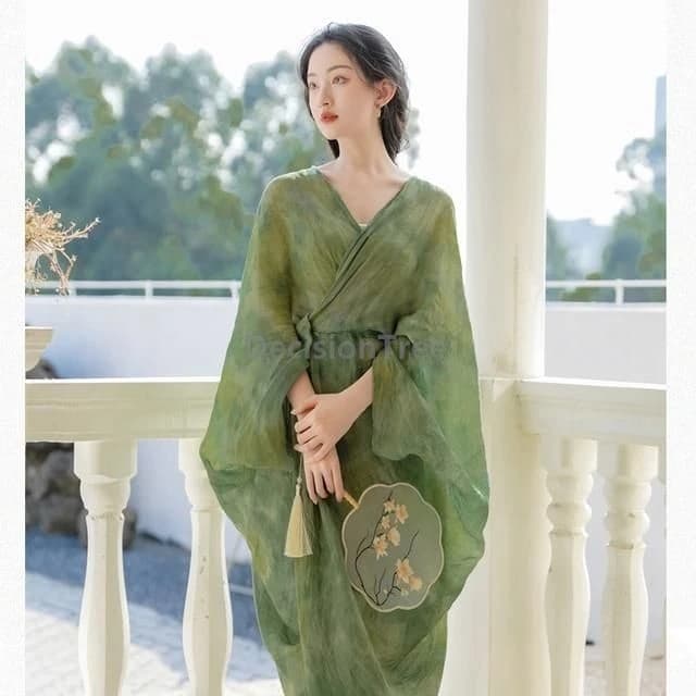 Elegante abito Hanfu in stile cinese con effetto tie-dye, stampa verde, vestito ampio con sottoveste, set estivo da donna per tutti i giorni.
