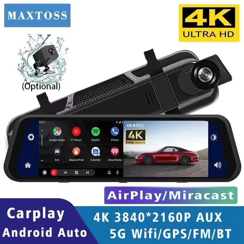 Dash Cam da 10 "4K 2160P Carplay Android-Auto DVR per auto Dual Len 5G Wifi GPS BT FM Videoregistratore Stream Mirror Dashcam Camera