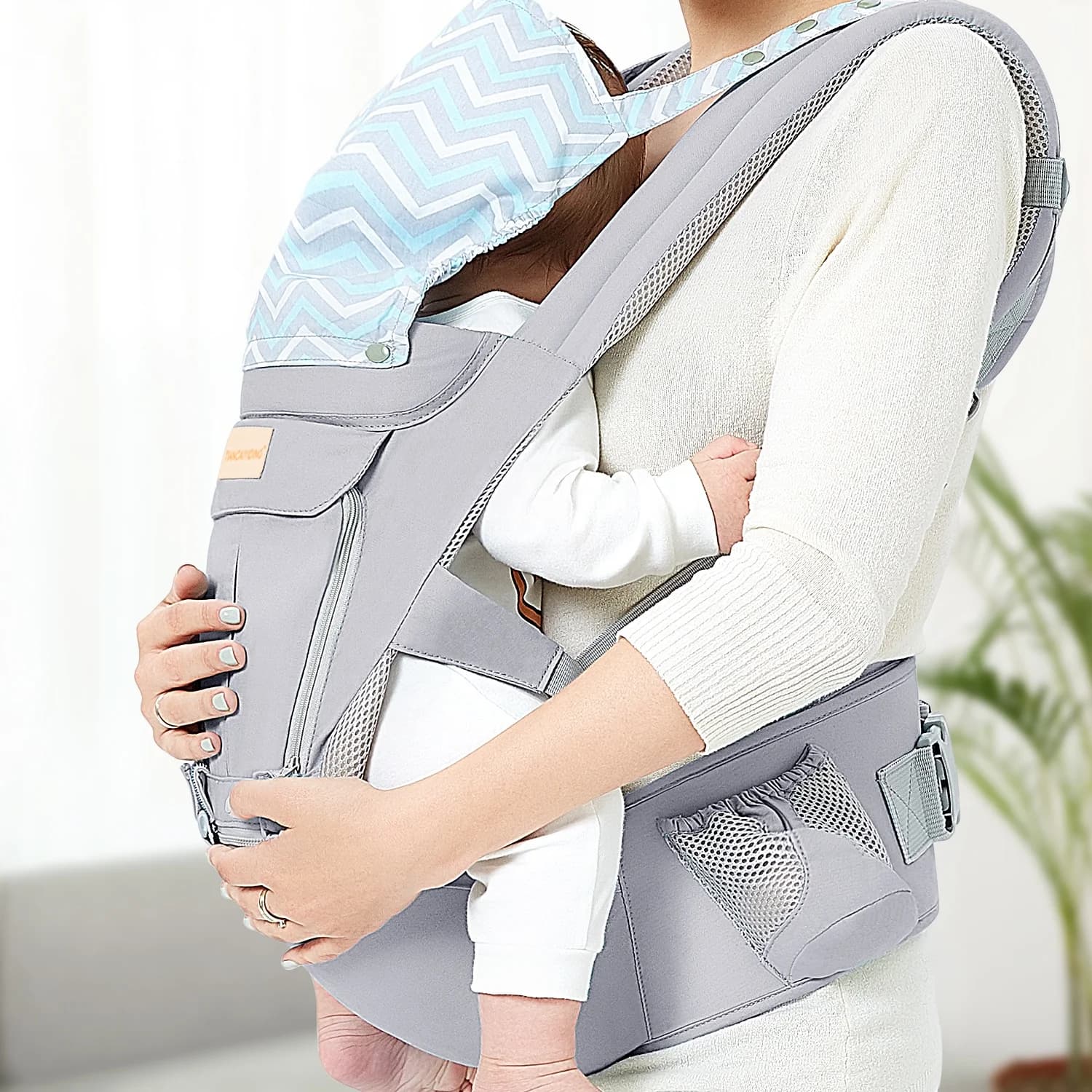 Marsupio ergonomico per seggiolino anca con cappuccio anteriore e posteriore