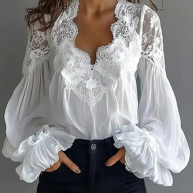 Nuova Camicetta Elegante da Donna con Scollo a V, Inserti in Pizzo e Maniche a Lanterna, Camicia Chic per Ufficio e Lavoro