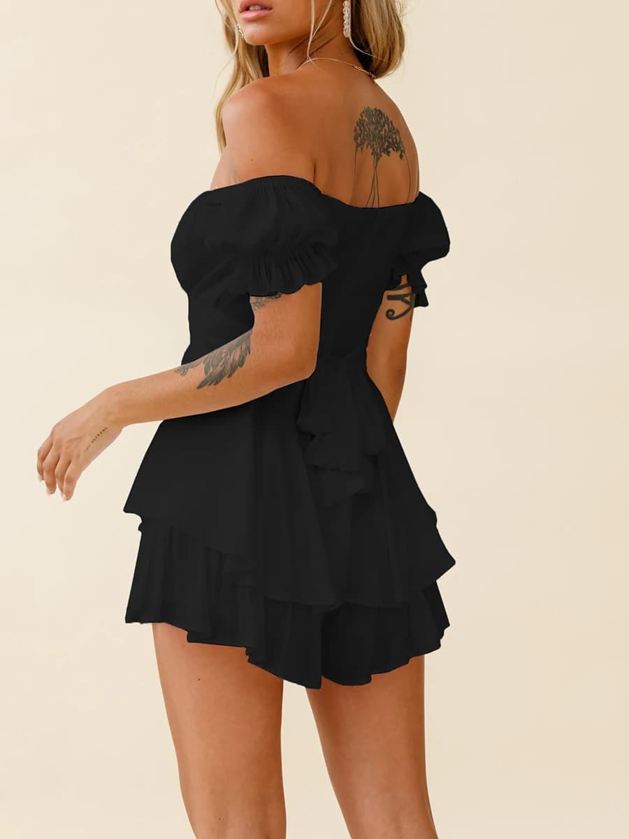 Donna s Boho Off spalla pagliaccetto doppio strato volant orlo lanterna manica lunga vita cravatta indietro tute corte in Chiffon