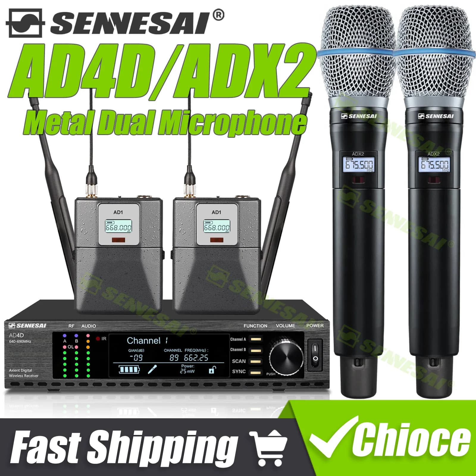 Nuovo! Microfono a condensatore wireless professionale AD4D/B87a, sistema True Diversity a 2 canali, microfono palmare in metallo ADX2 per karaoke
